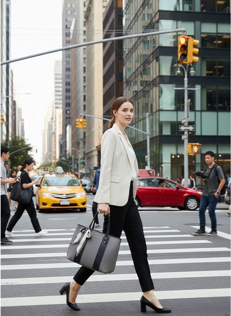 FUMES Noir Women’s Elegant Panel Tote Handbag with Scarf Detail – Structured Premium Shoulder Bag - Image 4